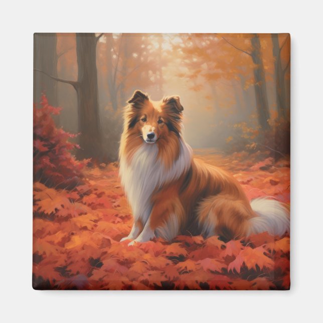Shetland Sheepdog i höstlöv Fall Inspire  Magnet (Framsidan)
