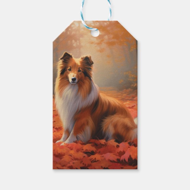Shetland Sheepdog i höstlöv Fall Inspire Presentetikett (Framsidan)
