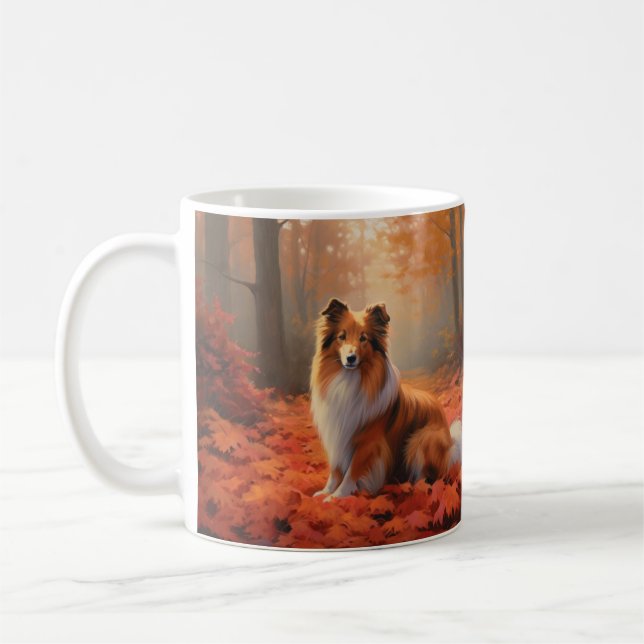 Shetland Sheepdog i höstlöv Fall Inspirera Kaffemugg (Vänster)