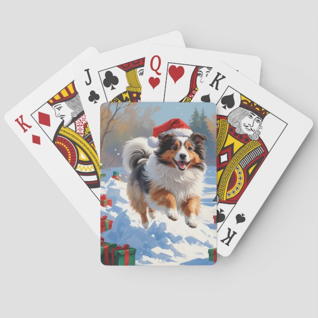 Shetland Sheepdog i Snö med julklapp Casinokort (Baksidan)