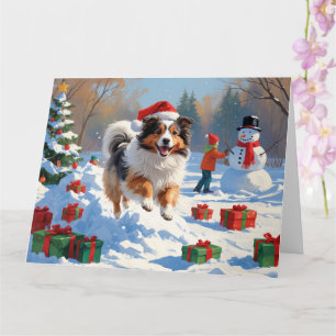 Shetland Sheepdog i Snö med julklapp Kort