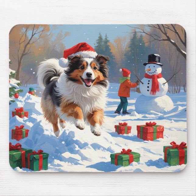 Shetland Sheepdog i Snö med julklapp Musmatta (Framsidan)