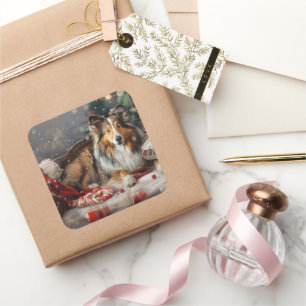 Shetland Sheepdog Jul Festive Fyrkantigt Klistermärke