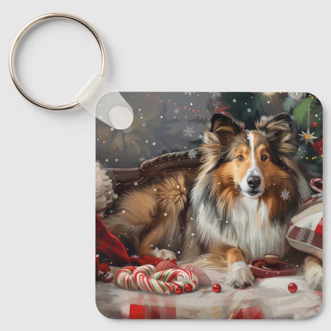 Shetland Sheepdog Jul Festive Nyckelring (Framsida)