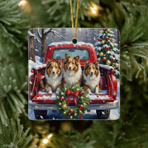 Shetland Sheepdog Jul Röd Lastbil Holiday Julgransprydnad Keramik