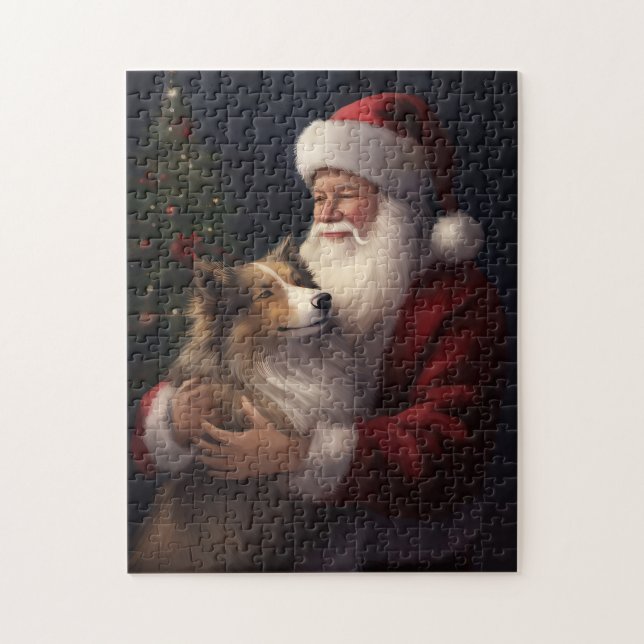 Shetland Sheepdog Jultomten Festive jul Pussel (Vertikal)