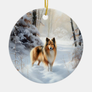 Shetland Sheepdog Låt det snöa jul Julgransprydnad Keramik
