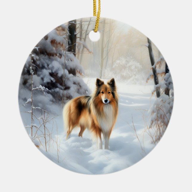 Shetland Sheepdog Låt det snöa jul Julgransprydnad Keramik (Framsidan)