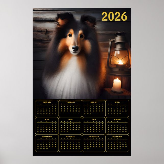 Shetland Sheepdog Lykta Glow Rustik Hundkalender Poster (Framsidan)