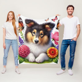 Shetland Sheepdog med blommor och fjärilar Fleecefilt