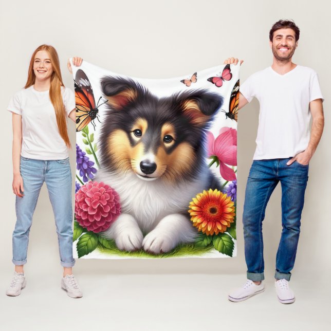 Shetland Sheepdog med blommor och fjärilar Fleecefilt (På plats)