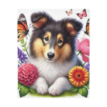 Shetland Sheepdog med blommor och fjärilar