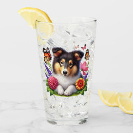 Shetland Sheepdog med blommor och fjärilar Glaskopp