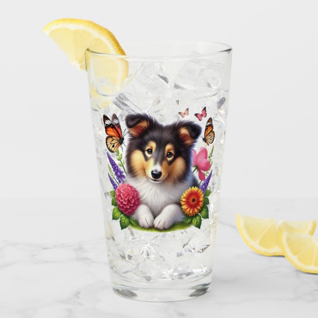 Shetland Sheepdog med blommor och fjärilar Glaskopp (Framsida Ice)