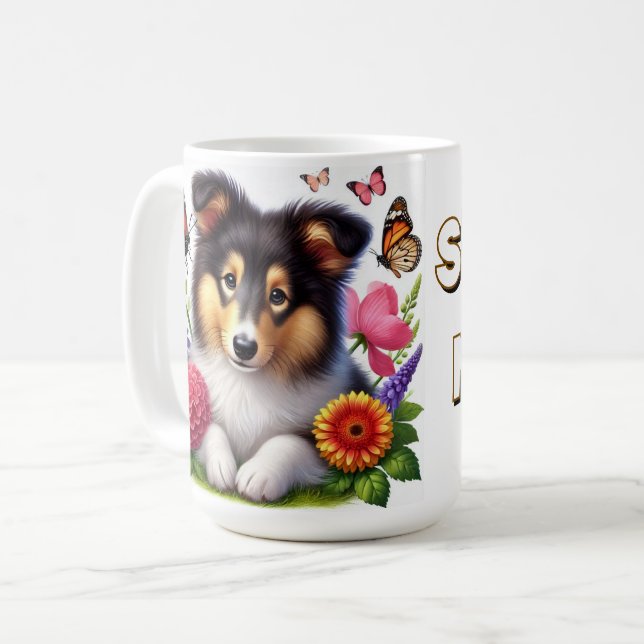 Shetland Sheepdog med blommor och fjärilar Kaffemugg (Framsida vänster)