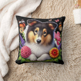 Shetland Sheepdog med blommor och fjärilar Kudde