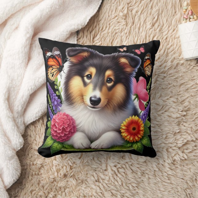 Shetland Sheepdog med blommor och fjärilar Kudde (Filt)