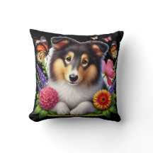 Shetland Sheepdog med blommor och fjärilar