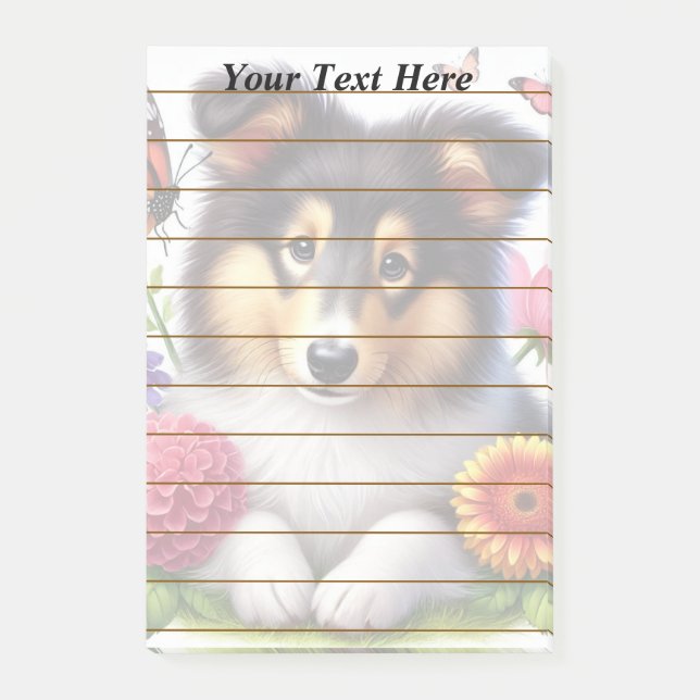 Shetland Sheepdog med blommor och fjärilar Post-it Block (Framsida)