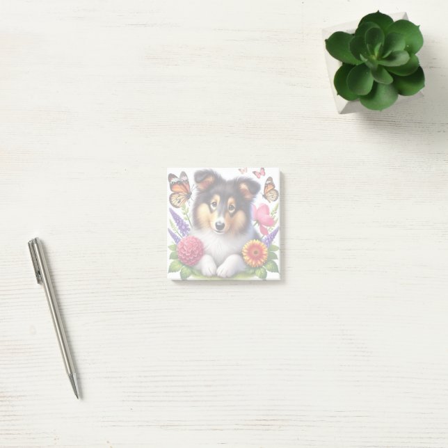 Shetland Sheepdog med blommor och fjärilar Post-it Block (Kontor)