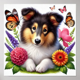 Shetland Sheepdog med blommor och fjärilar Poster