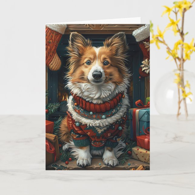 Shetland Sheepdog Med Julpresenter Öppen Spis Kort (Gul blomma)