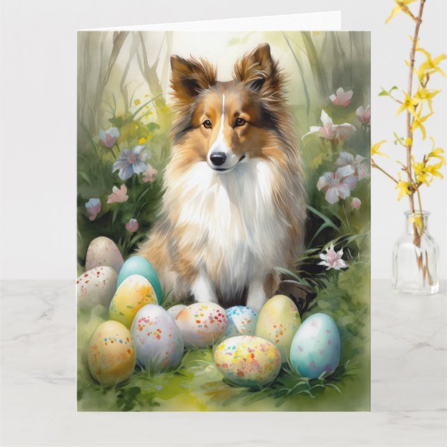 Shetland Sheepdog med Påskägg Helgdag Kort (Gul blomma)