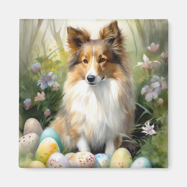 Shetland Sheepdog med Påskägg Helgdag Magnet (Framsidan)