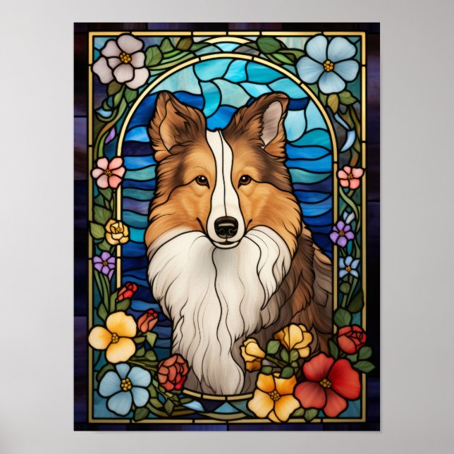Shetland Sheepdog och blommor i glasmålning Poster (Framsidan)