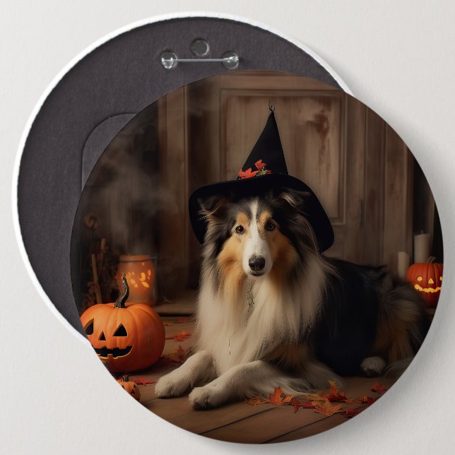 Shetland Sheepdog Pumpakvar Halloween Skräck  Knapp (Framsida & baksida)