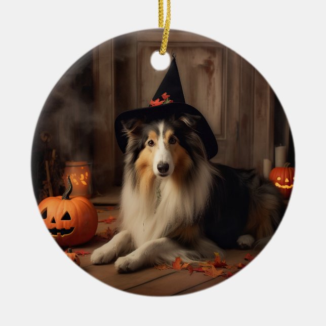 Shetland Sheepdog Pumpkins Halloween Scary Julgransprydnad Keramik (Framsidan)