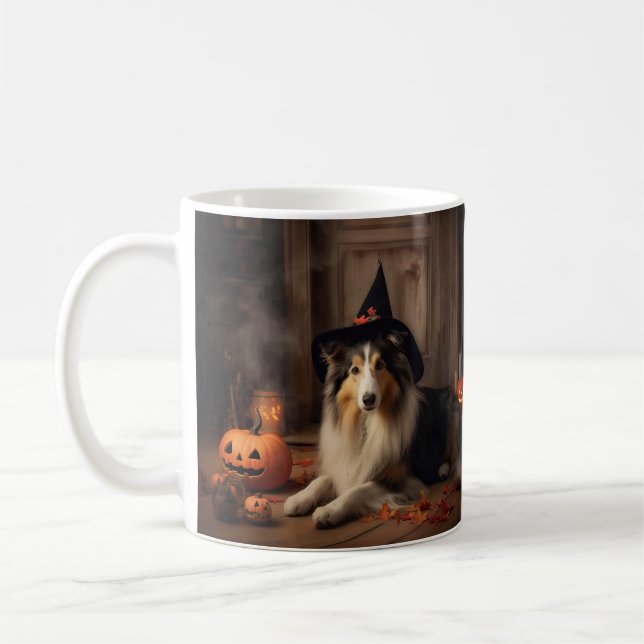 Shetland Sheepdog Pumpkins Halloween Scary Kaffemugg (Vänster)