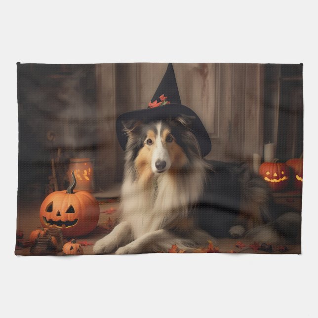 Shetland Sheepdog Pumpkins Halloween Scary Kökshandduk (Horisontell)