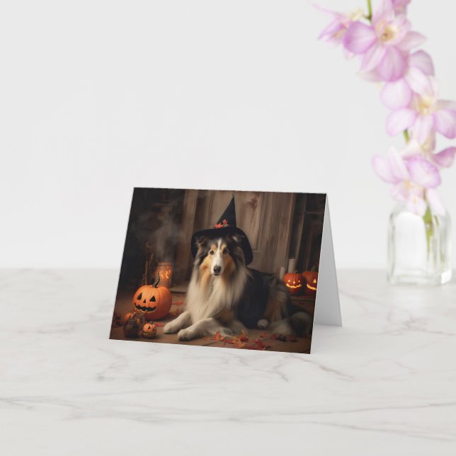 Shetland Sheepdog Pumpkins Halloween Scary Kort (Orkide)