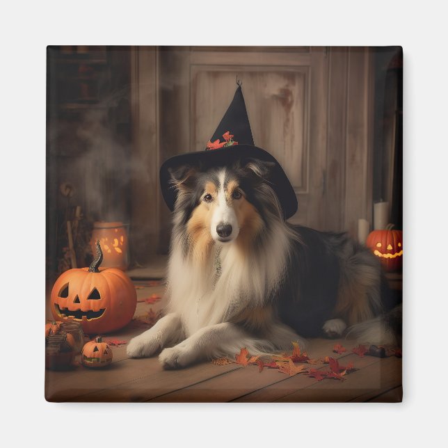 Shetland Sheepdog Pumpkins Halloween Scary Magnet (Framsidan)