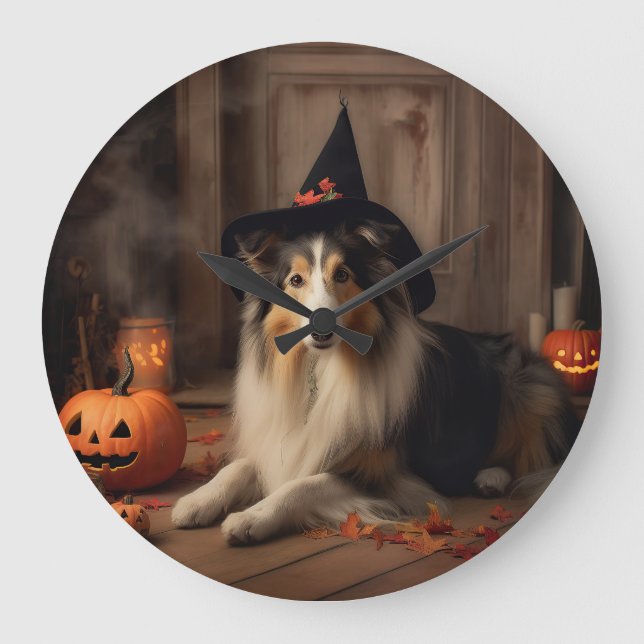 Shetland Sheepdog Pumpkins Halloween Scary Stor Klocka (Framsida)
