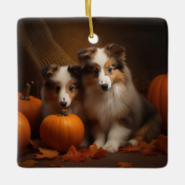 Shetland Sheepdog Puppy Autumn Delight Pumpkin Julgransprydnad Keramik (Framsida)