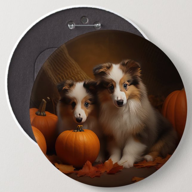 Shetland Sheepdog Puppy Autumn Delight Pumpkin Knapp (Framsida & baksida)