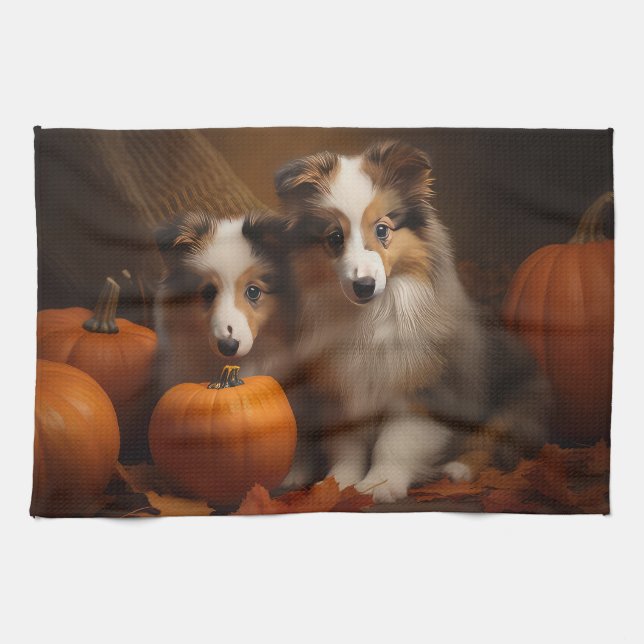 Shetland Sheepdog Puppy Autumn Delight Pumpkin Kökshandduk (Horisontell)