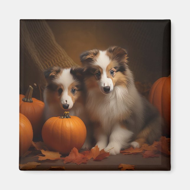 Shetland Sheepdog Puppy Autumn Delight Pumpkin Magnet (Framsidan)