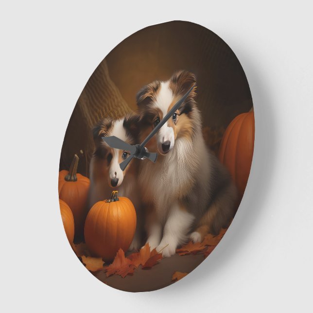 Shetland Sheepdog Puppy Autumn Delight Pumpkin Stor Klocka (Vinkel)