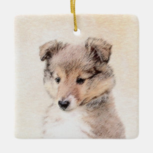 Shetland Sheepdog Puppy Painting Original Hund Art Julgransprydnad Keramik