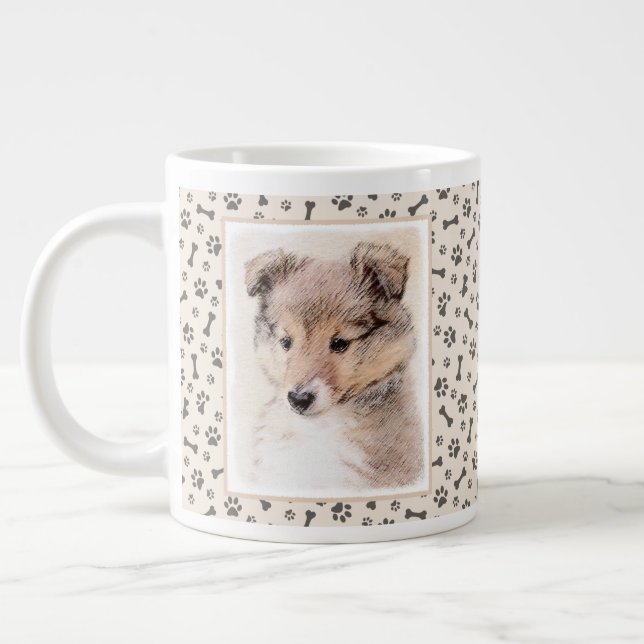 Shetland Sheepdog Puppy Painting Original Hund Art Jumbo Mugg (Vänster)