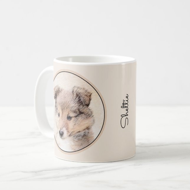 Shetland Sheepdog Puppy Painting Original Hund Art Kaffemugg (Framsida vänster)