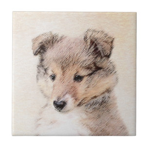 Shetland Sheepdog Puppy Painting Original Hund Art Kakelplatta
