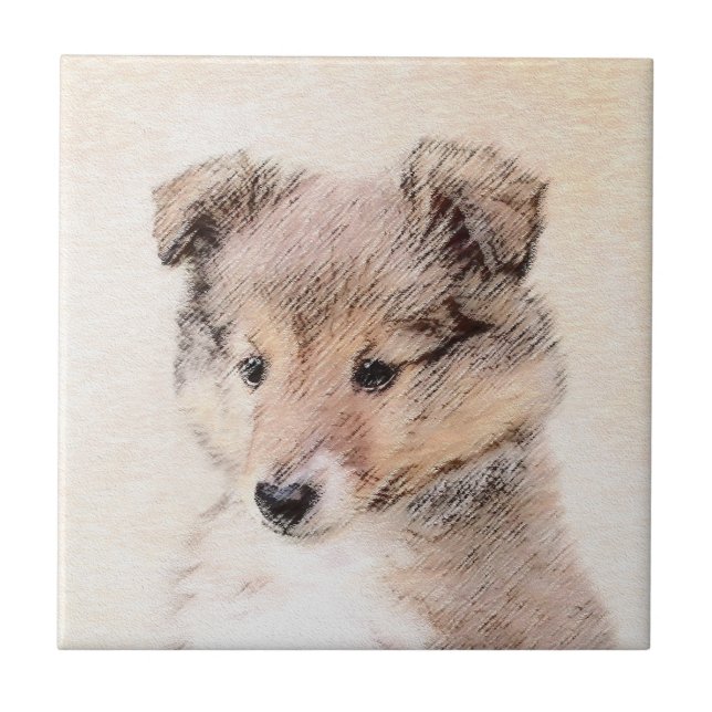 Shetland Sheepdog Puppy Painting Original Hund Art Kakelplatta (Framsidan)