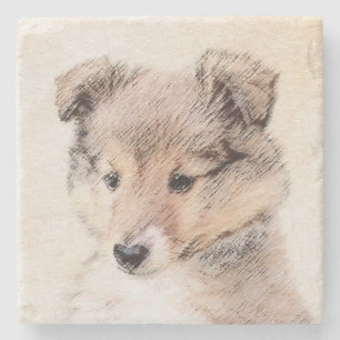 Shetland Sheepdog Puppy Painting Original Hund Art Underlägg Sten
