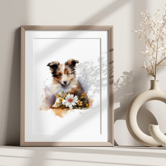 Shetland Sheepdog Puppy Pet Watercolor Flower Poster (Skapare uppladdad)