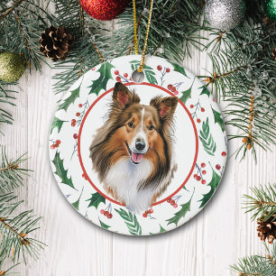 Shetland Sheepdog Red Berry Holly Gräns Ceramic Julgransprydnad Keramik