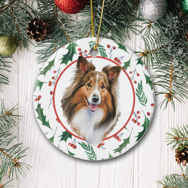 Shetland Sheepdog Red Berry Holly Gräns Ceramic Julgransprydnad Keramik (Skapare uppladdad)